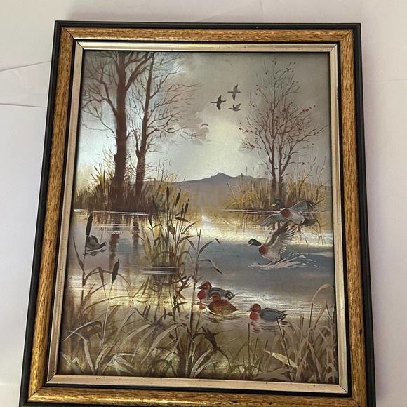 Pair of foil Print Pictures Ducks Woodlands Pond - Picture 6 of 9